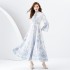 2024 Early Spring - Palace style stand up collar flared sleeve single placket printed long lace dress