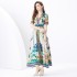 2024 Vacation - Vacation Style Suit Collar Short Sleeve Wide Swing Wave Edge Square Scarf Printed Long Dress