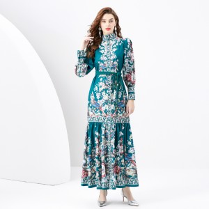 2024 Spring/Summer - Palace style stand up collar lantern sleeves wave side length retro printed dress