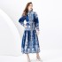 2024 Spring/Summer - Palace style stand up collar lantern sleeves wave side length retro printed dress