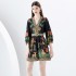 2024 Early Spring - Vacation style V-neck pleated lantern sleeves retro printed mini dress