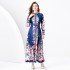 2024 Spring/Summer - Vacation style retro stand up collar single breasted lantern sleeve printed wide swing long dress