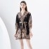 2024- Early season vacation style V-neck pleated lantern sleeves retro printed mini dress