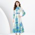 2024 Early Spring - Vacation Style Flip Collar Lantern Sleeve Retro Painted Printed Mini Dress