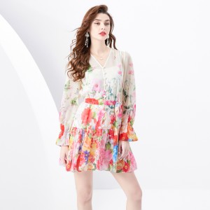 2024 Vacation - Countryside style V-neck lantern sleeve wavy edge painted mini print dress two-piece set