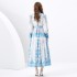 2024 Spring/Summer - Palace style stand up collar lantern sleeves wave side length retro printed dress