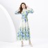 2024 Spring/Summer - Vacation style retro stand up collar single breasted printed wide swing long dress