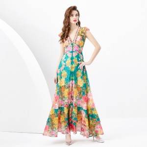 2024 Spring/Summer - Retro Deep V-neck Lantern Sleeve Wave Edge Wide Swing Painted Printed Long Dress