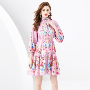 2024 Spring/Summer - Retro painted stand up collar with raglan sleeves and wavy edge printed dress