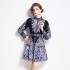 Original in stock | 2024 early spring temperament skirt patchwork print long sleeved slimming retro mid length dress