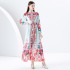 2024 Early Spring - Vacation style stand up collar lantern sleeves wave side length colorful printed dress