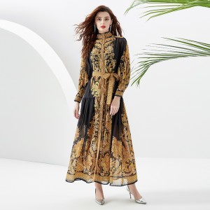 2023 vacation style stand up collar lantern sleeve wave side length printed dress