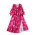 French forest retro floral dress for women in autumn 2024, waist cinched, V-neck, lantern sleeves, slit, large swing, long skirt