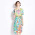 Original in stock | 2024 European and American high-end temperament printed color dress with waist cinching and tie up, slimming dress