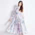 Original in stock | 2024 spring new satin retro stand up collar lantern sleeve printed dress