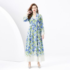 2024 Spring/Summer - Vacation Style V-neck Lantern Sleeve Wave Edge Vintage Printed Dress