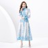 2024 Spring/Summer - Palace style stand up collar lantern sleeves wave side length retro printed dress