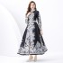 2024 Vacation - Palace style stand up collar lantern sleeve single placket printed long lace dress