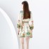 2024 Early Spring - Vacation style V-neck pleated lantern sleeves retro painted printed mini dress