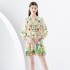 2024 Early Spring - Vacation style V-neck pleated lantern sleeves retro painted printed mini dress