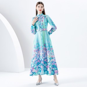 2024 Early Spring Season Wave Edge Wide Skirt Long Retro Watercolor Printed Dress