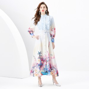 2024 Spring/Summer - Wave Lace Wide Skirt Cardigan Long Retro Painted Printed Dress