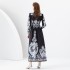 2024 Early Spring - Palace style stand up collar lantern sleeve wave side length retro printed dress