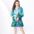 2024 Early Spring - Vacation Style V-neck Lantern Sleeve Wave Edge Colorful Mini Printed Dress Two Piece Set