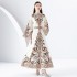 2024 Early Spring - Palace style stand up collar flared sleeve printed long lace dress