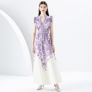 2024 Spring/Summer - Palace style lapel, sleeveless waist, wide skirt, printed long dress