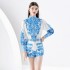 2024- Early Spring Retro Stand Collar Lantern Sleeve Shrink Fold Lantern Sleeve Shirt+Shorts 2-piece Set