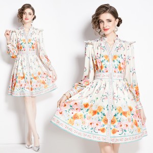 Original in stock | 2024 Spring/Summer Retro Palace Style V-neck Single breasted Lantern Sleeve Short Dress