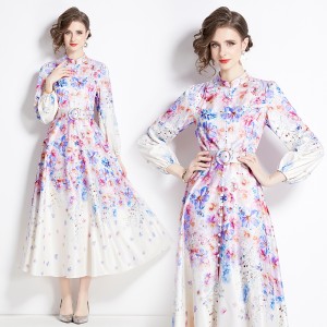 Original in stock | 2024 early spring new fresh temperament flower lantern sleeve stand up collar long dress