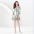 2023 vacation retro court style stand up collar loose lantern sleeves painted mini dress