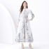 2024 Vacation - Palace style stand up collar lantern sleeve single placket printed long lace dress