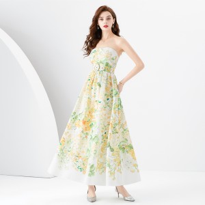 2024 Early Spring - Vacation style strapless wave edge wide swing painted printed long suspender dress