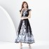 2024 Early Spring - Retro Palace Style V-neck Little Flying Sleeve Waist Wide Swing Printed Long Dress