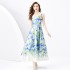 2024 Spring/Summer - Retro Stand cut V-neck Sleeveless Wide Swing Printed Long Dress