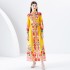 2024 Early Spring - Vacation style stand up collar lantern sleeves wave side length colorful printed dress