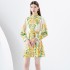 2024- Early Spring Palace Vacation Style Stand up Collar Lantern Sleeve Wide Skirt Shrink Fold Mini Printed Skirt