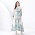 2024 Vacation - Palace style Retro Stand up Collar Single breasted Printed Wide Swing Long Dress