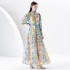 2024 Early Spring - Vacation style stand up collar lantern sleeves wave side length colorful printed dress