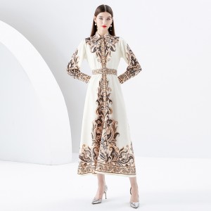 2024- Early Spring Retro Collar Single Front Lantern Sleeve Long Printed Dress