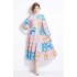 Original in stock | 2024 Spring new contrasting ethnic style retro stand up collar lantern sleeve printed dress