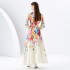 2024 Early Spring - Vacation style stand up collar single breasted palace style printed wide swing long dress