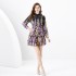 2024 Early Spring - Vacation style stand up collar lantern sleeves wavy edge painted mini printed cake dress