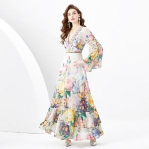 2024 Spring/Summer - Retro Deep V-neck Lantern Sleeve Wave Edge Wide Swing Painted Printed Long Dress