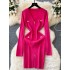 Elegant socialite sexy V-neck zipper long sleeved dress for women in autumn, metal buckle waist cinched bottom knitted woolen dress