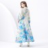 2024 Vacation - Rural style retro stand up collar single breasted printed wide swing long dress