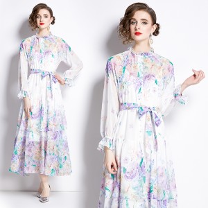 Original in stock | 2024 spring/summer new long sleeved ruffle edge floral colorful waist cinching black fungus collar cake dress